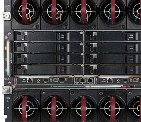 hpe c7000 back of system showing fans, interconnect modules, and onboard Administrator