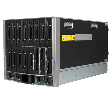 HPE c7000 enclosure front perspective with three half-height blades