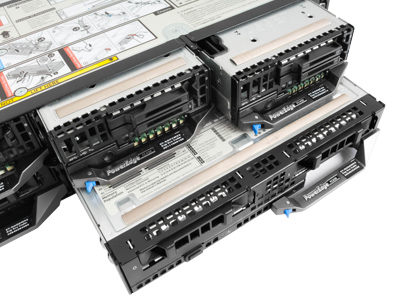 Dell FX2s chassis top view detail with FC630 and FC430 compute modules