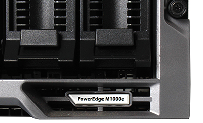 Dell M1000e blade enclosure front detail image of system model designation