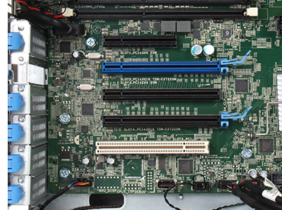 dell T7610 tower workstation internal detail of PCIe slots on motherboard