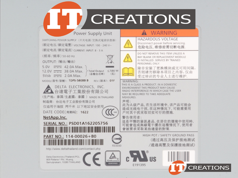 114-00026-B0 NETAPP / DELTA ELECTRONICS POWER SUPPLY 580W 100-240V 8-3A ...