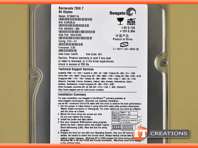 ST380011A SEAGATE 80GB 7.2K RPM 3.5 INCH IDE HARD DRIVE