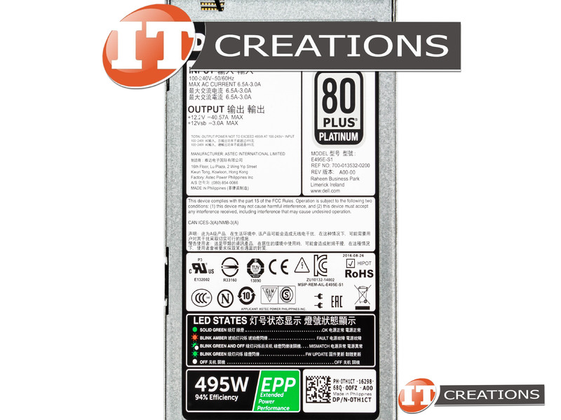 TH1CT DELL POWER SUPPLY 495W AC 100240V 80 PLUS PLATINUM 94